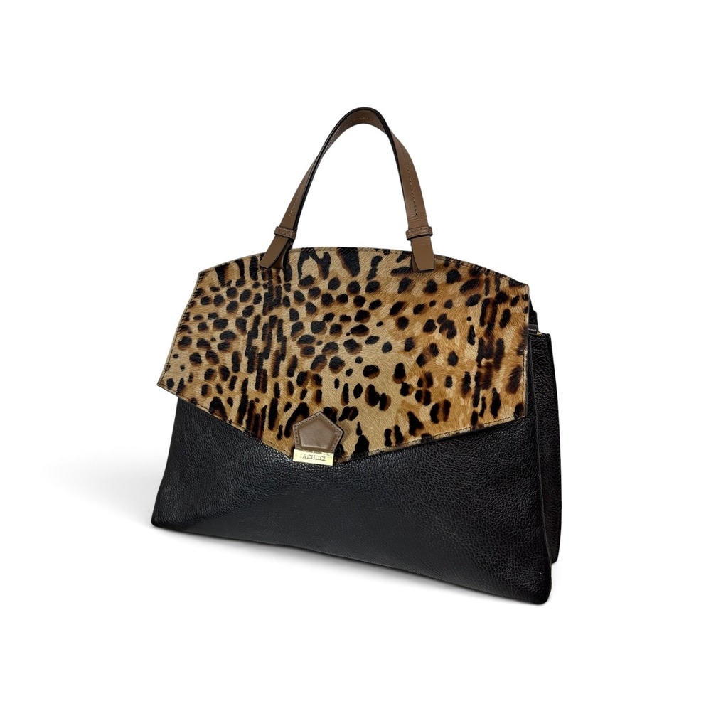 Iacucci Italy Leopard Calf Hair Black Leather Satchel Crossbody Handbag